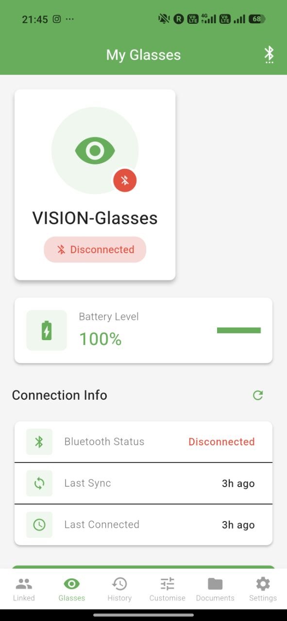 Glasses status screen