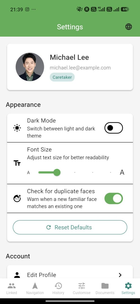 Settings with dark mode and font size